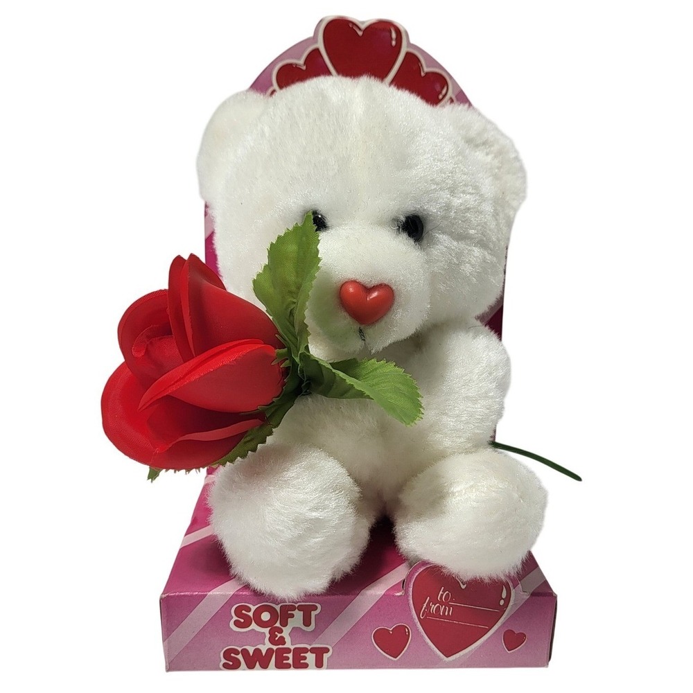 DanDee White Teddy Bear Red Rose Valentine Gift Love Stuffed Animal "Vintage"